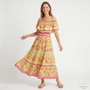 Flying Tomato Women's Size Medium Yellow Floral Off Shoulder Tiered Maxi Dress